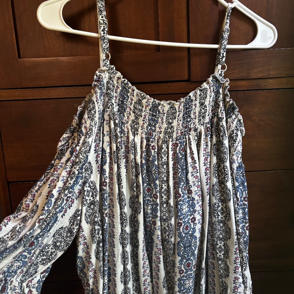 Multicolored blueish off the shoulder shirt